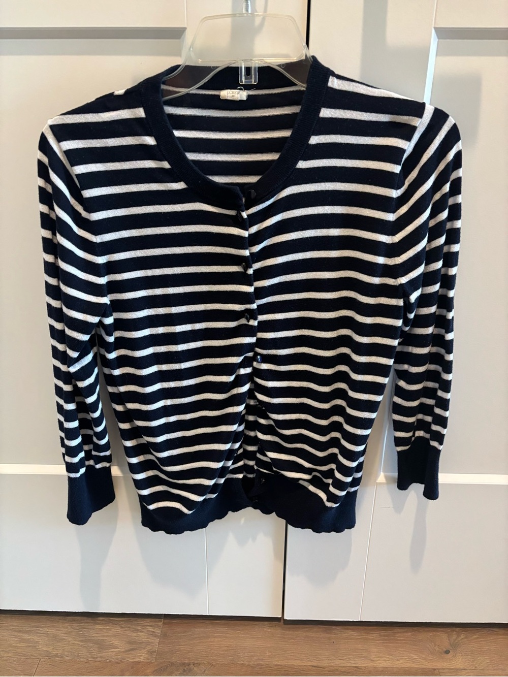 J. Crew Navy and White Striped Button-Up Cardigan